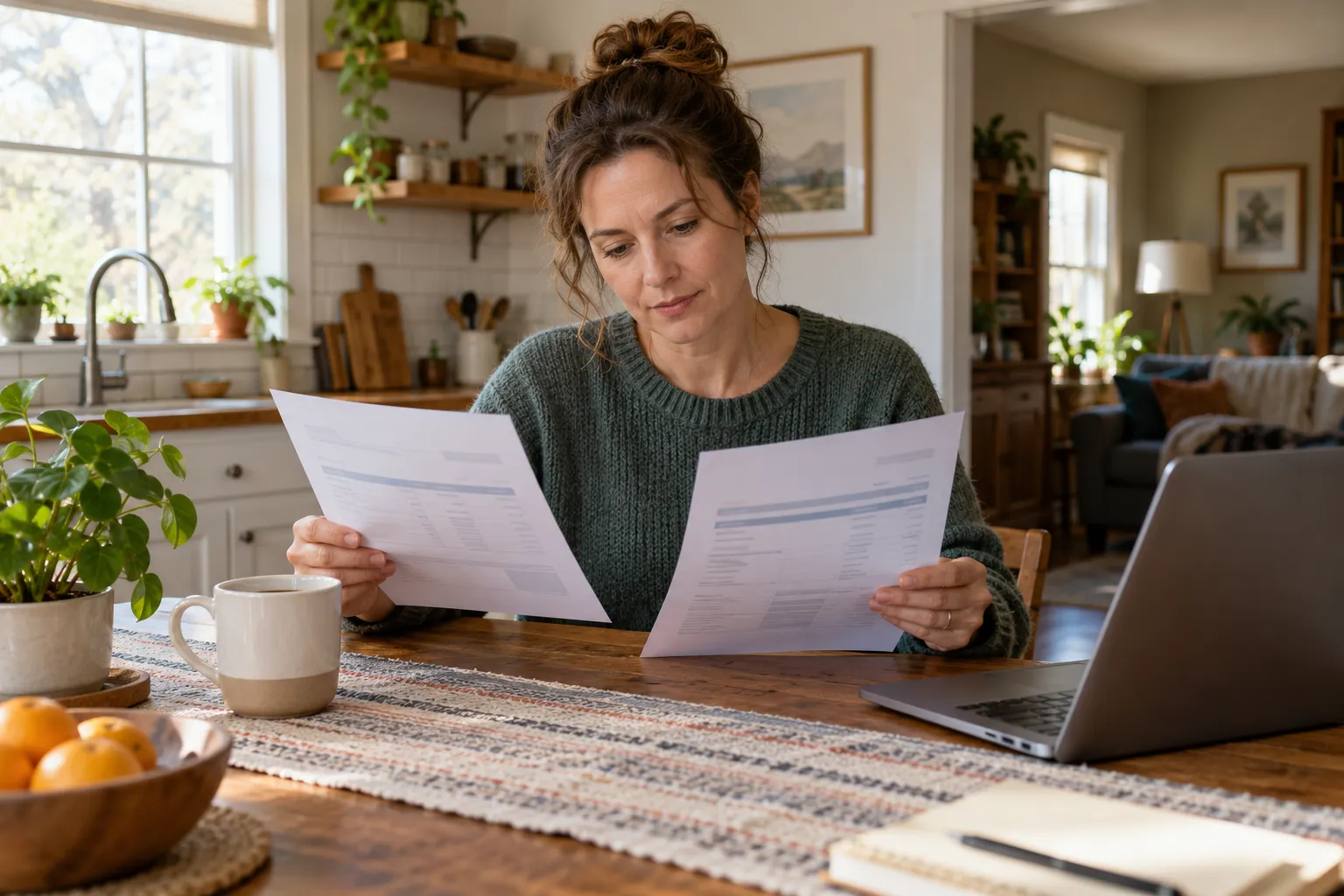 A homeowner reviewing AC estimates at the kitchen table in the Mentor area