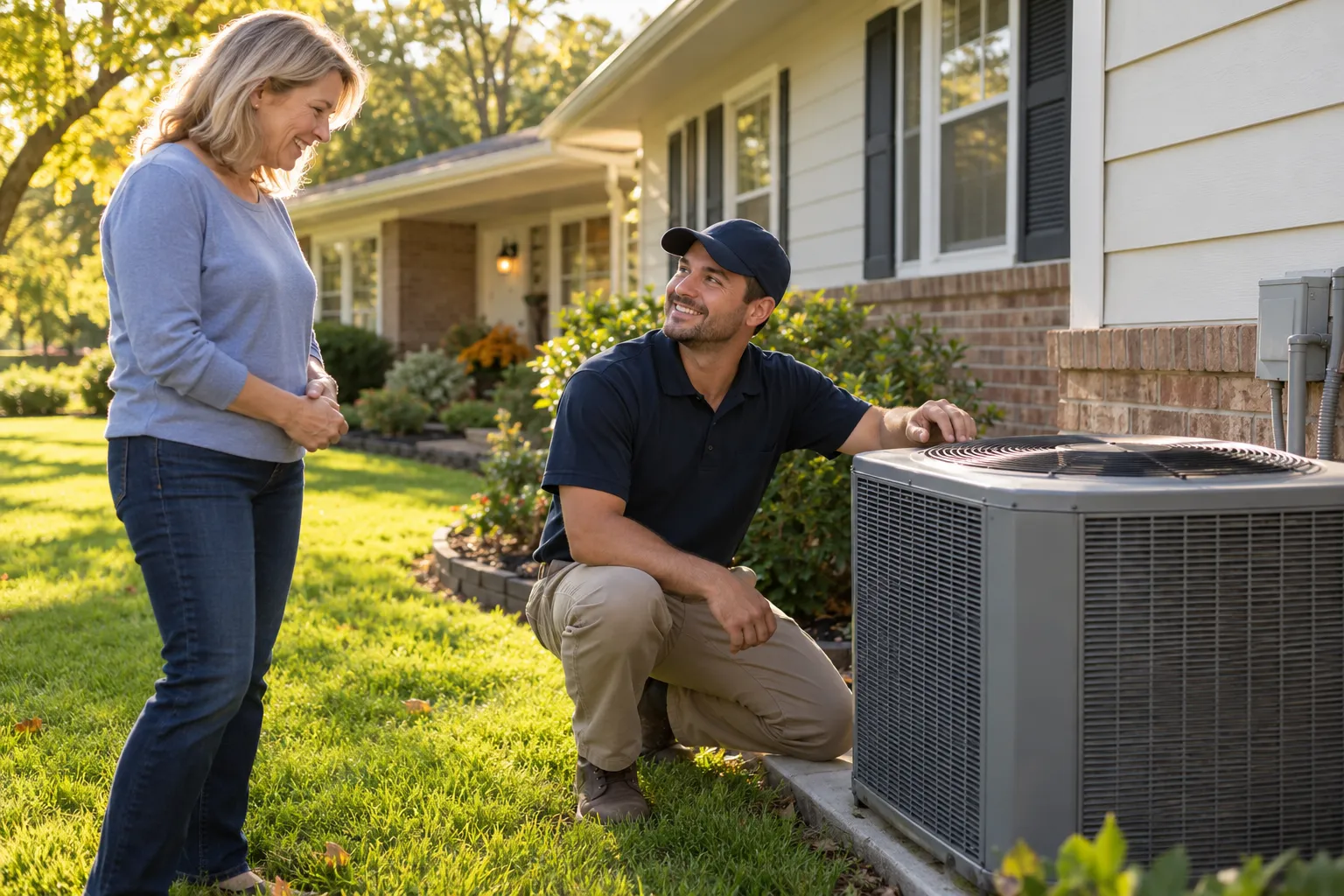 A friendly HVAC provider checking an outdoor air conditioner at a home in Mentor